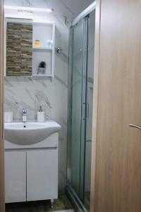a bathroom with a sink and a glass shower at Corali luxury apartments in Malaki
