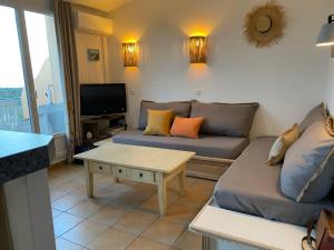Televízia a/alebo spoločenská miestnosť v ubytovaní Appartement vue Mer Les Restanques du golfe de Saint Tropez