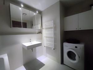 a bathroom with a sink and a washing machine at Cozy 2 rooms flat - Castle view in Bratislava