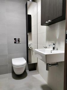 a bathroom with a white toilet and a sink at Cozy 2 rooms flat - Castle view in Bratislava