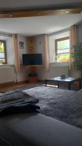 sala de estar con cama y TV de pantalla plana en Fewo M & M, en Scharnitz
