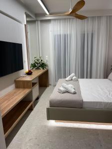 a bedroom with a bed and a flat screen tv at Plagia Relax Hotel in Nea Plagia