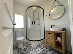 een badkamer met een douche, een toilet en een wastafel bij Superbe studio à Juan les pins in Juan-les-Pins