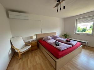 1 dormitorio con 1 cama, 1 silla y 1 ventana en Sonnige 3 Zimmer Wohnung mit schönem Balkon im Grünen, en Reutlingen