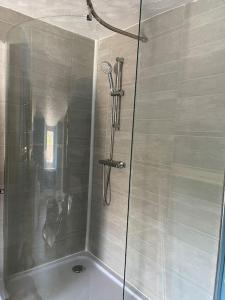 a shower with a glass door in a bathroom at Cosy 2 bed flat in Crickhowell in Crickhowell