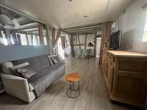 Gîte au Giessen - Loft في بييسهايم: غرفة معيشة مع أريكة وتلفزيون وطاولة