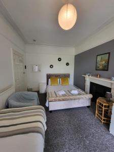 een slaapkamer met 2 bedden en een open haard bij Aremo Room 1 in Torquay