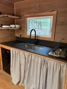 een keuken met een wastafel en een aanrecht met een raam bij HiddenAcres Cabin - woodsy private couples retreat in Eustace