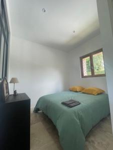 a bedroom with a bed with a green comforter and two windows at L'Echo de la nature in Sasseville