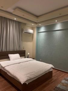 a bedroom with a large bed and a wall at Modern and spacious duplex الشيخ زايد in Sheikh Zayed