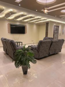 a lobby with two couches and a tv and a plant at Modern and spacious duplex الشيخ زايد in Sheikh Zayed