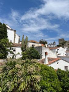 a group of white buildings with trees and bushes at Casa Elias in Óbidos