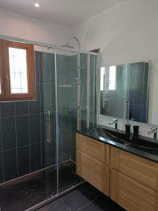 a bathroom with a glass shower and a sink at La maison du bois, 10 minutes de l'A71, 10 minutes de Bourges in Plaimpied-Givaudins