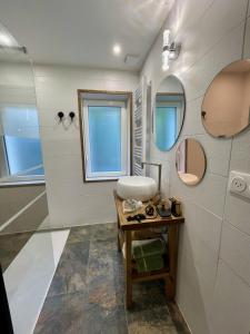 ein Bad mit einem Waschbecken und einem Spiegel in der Unterkunft Détente parfumée, capitale du parfum in Grasse