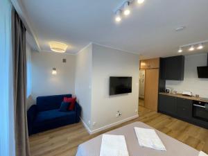 a living room with a blue couch and a tv at Apartament Radiowa Premium in Olsztyn