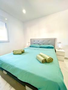 ein Schlafzimmer mit einem großen Bett mit zwei Kissen darauf in der Unterkunft Casita de la coquina in Chiclana de la Frontera