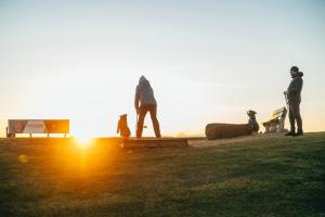 um grupo de pessoas em pé em degraus ao pôr do sol em Biologen Herdla em Herlø