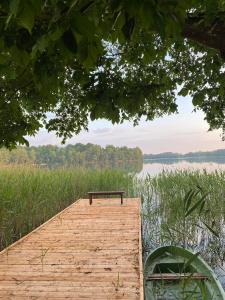 a bench sitting on a dock on a lake at BABIE LATO dostęp do jeziora UBLIK in Konopki Wielkie