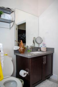 a bathroom with a sink and a toilet and a mirror at King Bed Studio/Gated/Fast Wi-Fi/Near Ocho Rios in Boscobel
