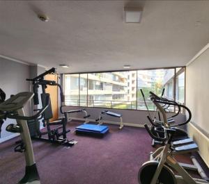 un gimnasio con equipo cardiovascular en un edificio con una gran ventana en Suecia Apartment, en Santiago