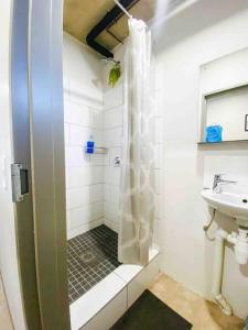 y baño con ducha y lavamanos. en Cozy escape bachelor in Maboneng + uncapped WI-FI., en Johannesburgo