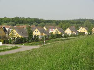 eine Reihe von Häusern auf einem Grasfeld in der Unterkunft Nice holiday home with garden, on a holiday park 200m from the beach in Wemeldinge