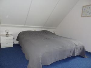 - une chambre avec un lit gris et une commode dans l'établissement Nice holiday home with WiFi, on a holiday park 200m from the beach, à Wemeldinge