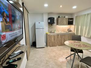 a living room with a television and a kitchen at EXCLUSIVO LOFT CENTRICO in Alta Gracia
