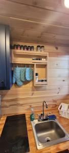 a kitchen with a sink and a counter top at The Windstorm Cabin - Pet-friendly & a 2-person Jacuzzi hot tub! in Marshall