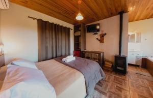 a bedroom with a large bed and a television at Pousada Lago da Colina in Urubici