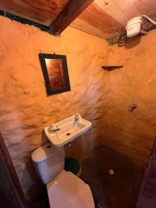 La salle de bains est pourvue d'un lavabo et de toilettes. dans l'établissement casa de los picapiedra, à Sesquilé