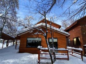 Cabaña de madera con nieve en el techo en Cabañas Bordenieve, en Las Trancas