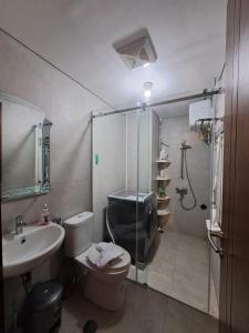 een badkamer met een douche, een toilet en een wastafel bij Apartemen pollux habibie in Kangboi