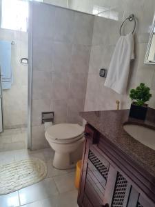 ein Bad mit einem WC, einem Waschbecken und einer Dusche in der Unterkunft Casa com quarto e suíte in São Miguel Arcanjo