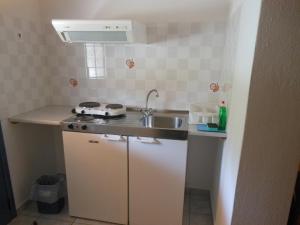 a small white kitchen with a sink and a sink at Pansion Giorgos & Rania in Skiathos