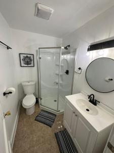 a bathroom with a shower and a toilet and a sink at Cozy quarters in Albany