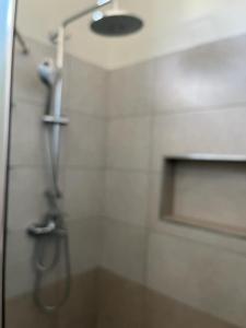 una ducha con cabezal de ducha en un baño en John House studio No 8, en Flic en Flac 1 foto más