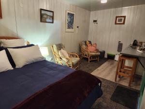 1 dormitorio con 1 cama, escritorio y sillas en Glenwood Akaroa Bush Retreat - Kanuka Hut, en Akaroa