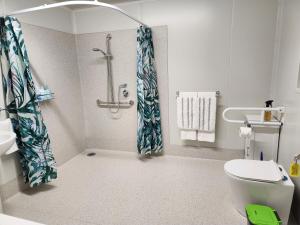 een badkamer met een douche, een toilet en een wastafel bij Glenwood Akaroa Bush Retreat - Kanuka Hut in Akaroa