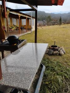 a concrete counter top with a grill in a field at Cabana La Plai Vest - cozy private place in the mountain in Plaiu Şarului
