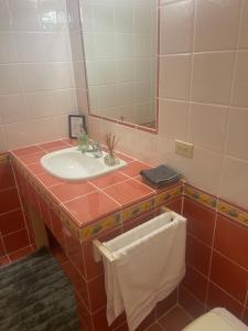 a bathroom with a sink and a mirror and a towel at The Victory Villa in Parrot Hall