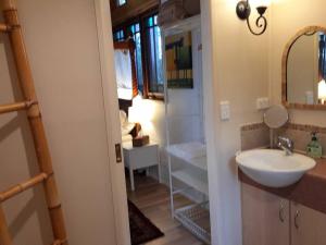 une salle de bain avec un lavabo et un miroir dans l'établissement Quirky Cottage in Centre of Maleny, Walk Everywhere, à Maleny 34 autres photos