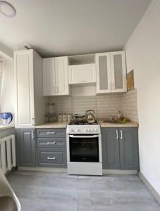een keuken met grijze kasten en een witte kookplaat bij Супер-квартира в самой эко-зеленой части Алматы in Alma-Ata