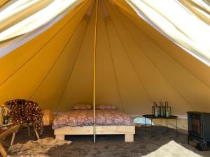 Zelt mit einem Bett und einem TV in der Unterkunft A Romantic & Luxurious stay in the nature of Karula National Park. in Ähijärve