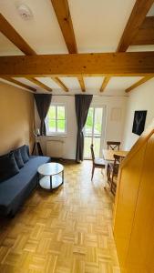ein Wohnzimmer mit einem blauen Sofa und einem Tisch in der Unterkunft Apartments Erbgericht in Bad Schandau