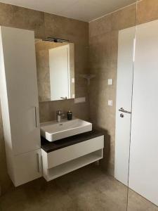 a bathroom with a white sink and a mirror at Ferienwohnung 3SZ, großer Balkon , naturnah in Amstetten