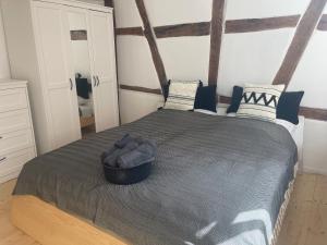 1 dormitorio con 1 cama con manta gris y almohadas en GetAway in Eberbach im Odenwald nahe Heidelberg, en Eberbach