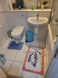 a bathroom with a sink and a toilet and a rug at WALKING TO TOWER BRIDGE in London