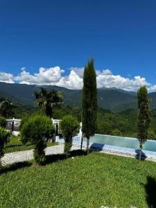 ein Resort mit einem Pool und Bäumen im Gras in der Unterkunft Kokhta guest house On the mountain in Jvari