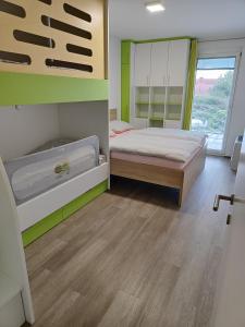 1 dormitorio con 2 camas y ventana grande en Family apartment Moravske Toplice, en Moravske Toplice